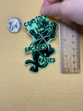 Sticker of a panther with text 'Consider My Hackles Raised' next to a ruler for size reference on a yellow background.
