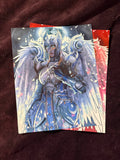 Colorful illustration of a winged warrior character on a dark brown background