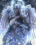 Angelic character in detailed armor with wings against a snowy background