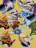 Collection of illustrated stickers featuring fantasy characters and creatures on a yellow background.