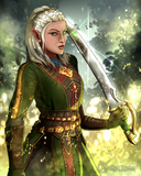 Elven warrior holding a sword in a forest setting