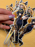 Sticker of Magik from Marvel Rivals with blonde hair and a sword held by a hand on a gold background