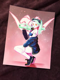 Anime-style character with green hair and pink outfit on a pink background
