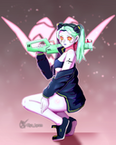 A girl crouches in front of a pink background.