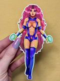 Sticker of the original Teen Titans Starfire from DC Comics with pink hair and purple outfit held by a hand on a yellow background