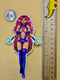 Sticker of original Teen Titans Starfire with pink hair and purple outfit next to a ruler for scale on a yellow background